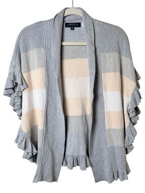 Joseph A. Medium Gray & Cream Striped Ruffle-Trim Open Cardigan